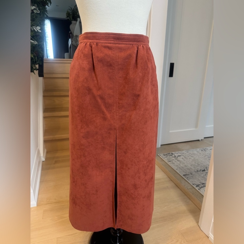Vintage 70s Olympic Faux Suede Midi Skirt – Rust Brown – Size 12 - Picture 2 of 10